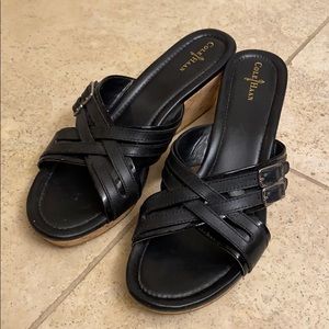 Cole Haan Black Leather Strappy Sandal Mule Wedges
